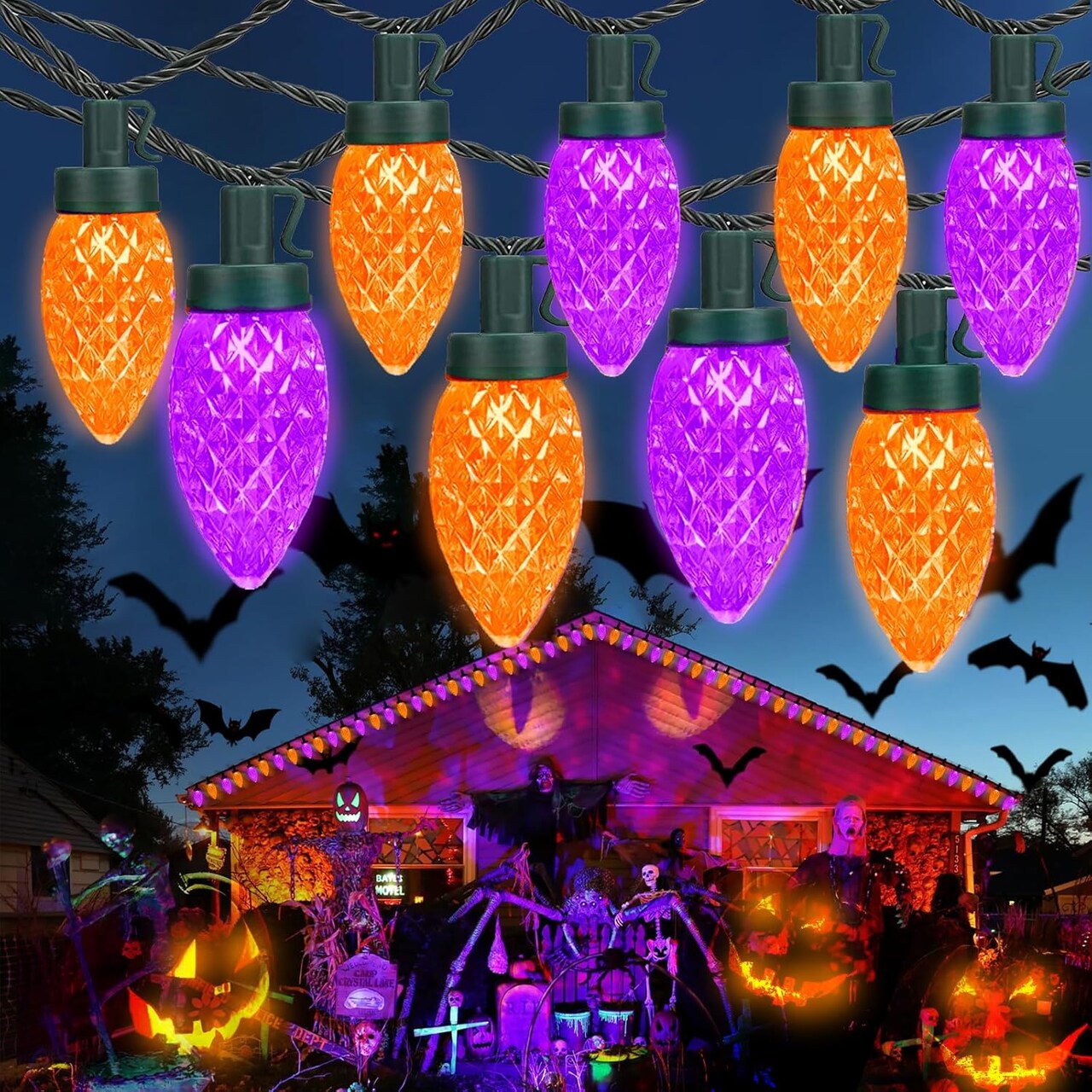 2 Pack100 LED Purple and Orange C9 Halloween String Lights - 98FT